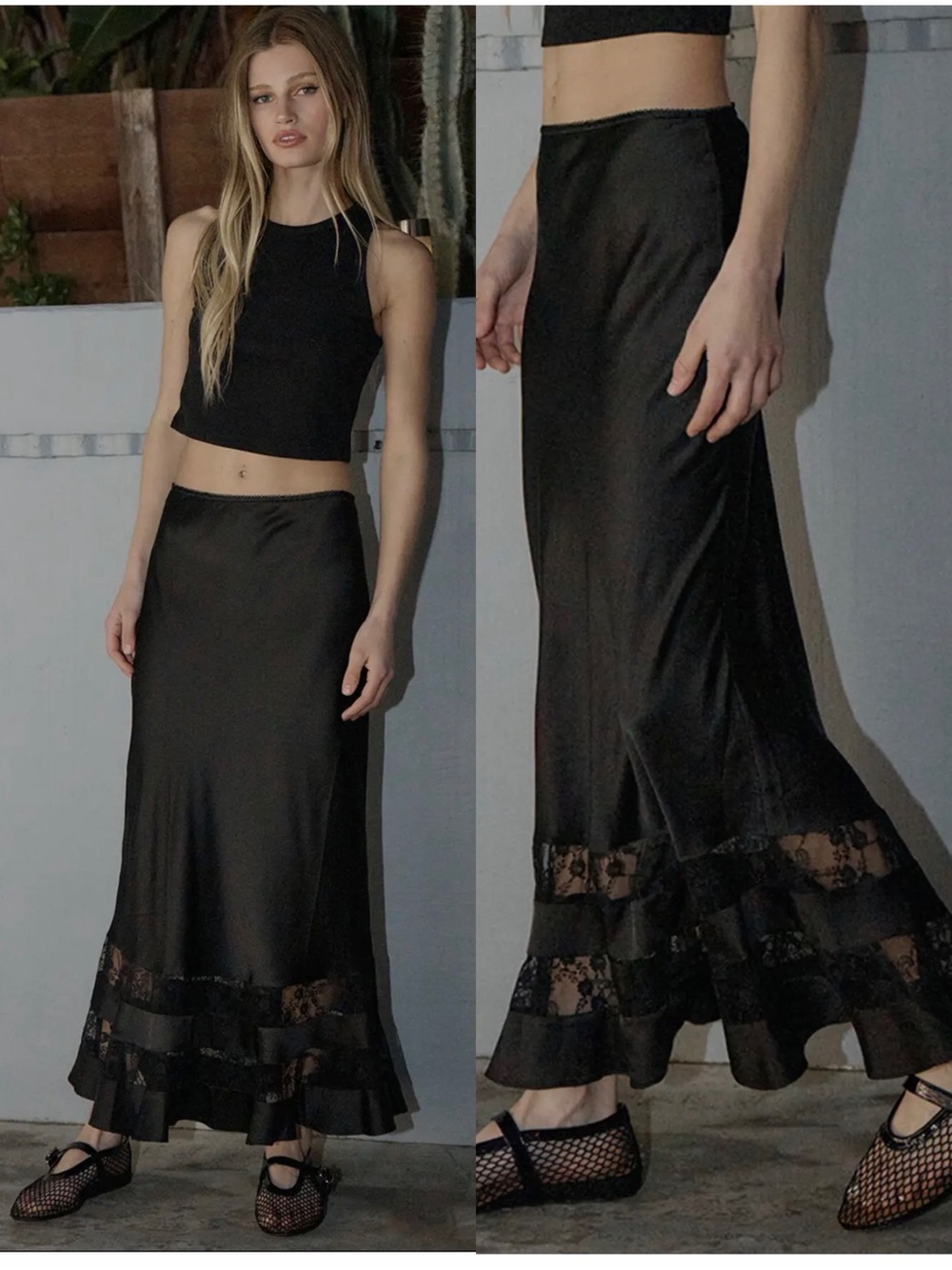 Black Satin Lace Trim Midi Skirt